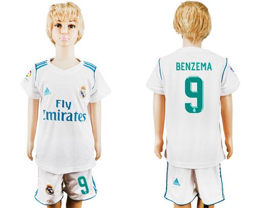 Real Madrid #9 Benzema White Home Kid Soccer Club Jersey - Click Image to Close